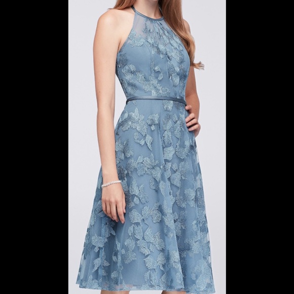 Oleg Cassini Baby Blue Embroidered Illusion Halter - Picture 1 of 8